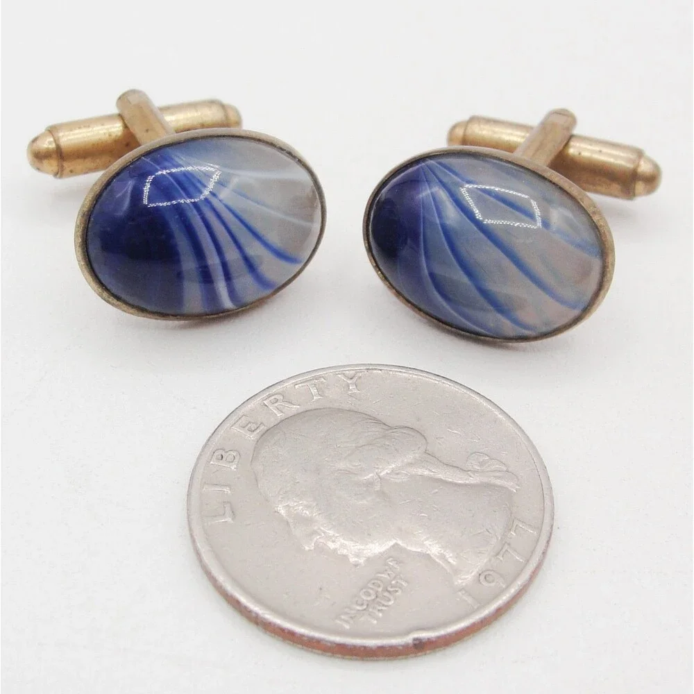 Vintage Gold Tone Blue White Swirl Glass Oval Cufflinks Retro MCM Classic